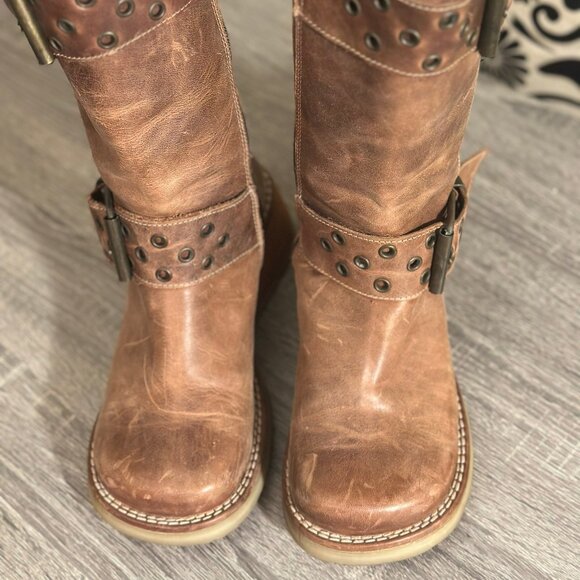 Destroy Spain Brown Leather Wedge Buckle Boots – Distressed Vintage Style - Picture 2 of 6